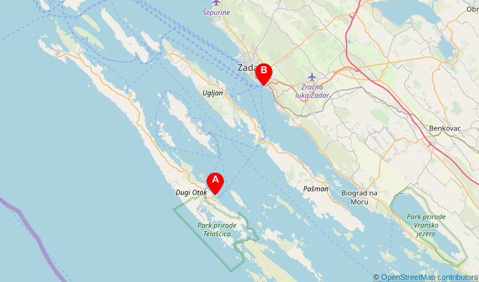 Map of ferry route between Sali and Zadar
